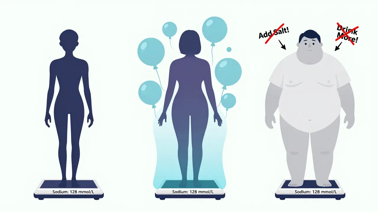 Tres pacientes con diferentes tipos de hiponatremia, cada uno rodeado de símbolos de tratamiento incorrecto.