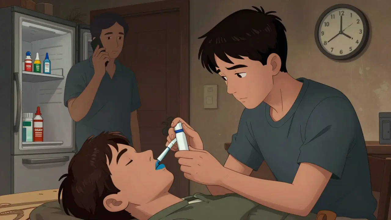 Un adolescente administra naloxona nasal a una persona inconsciente mientras otro llama al 112, con la nevera visible al fondo.