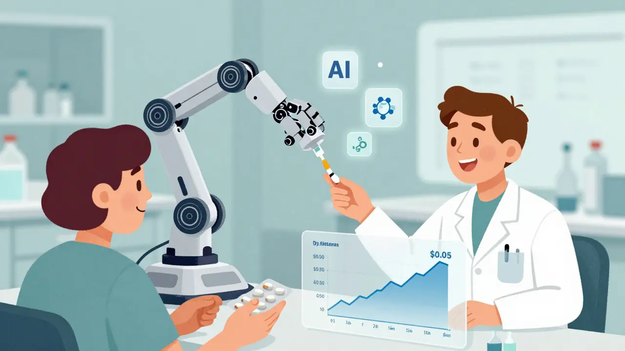 Un brazo robótico envasa pastillas con precisión, mientras iconos digitales flotan alrededor.