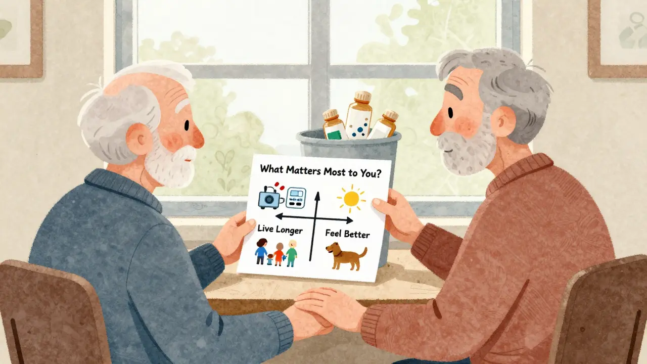 Un farmacéutico y un anciano miran un gráfico que pregunta qué les importa más: vivir más tiempo o sentirse mejor, con medicamentos siendo retirados.