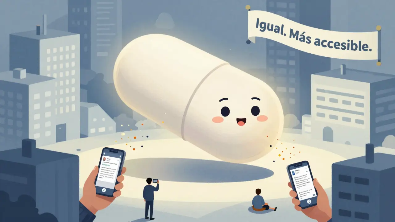 Una pastilla genérica gigante emite luz positiva sobre una ciudad, disolviendo publicaciones negativas en redes sociales.