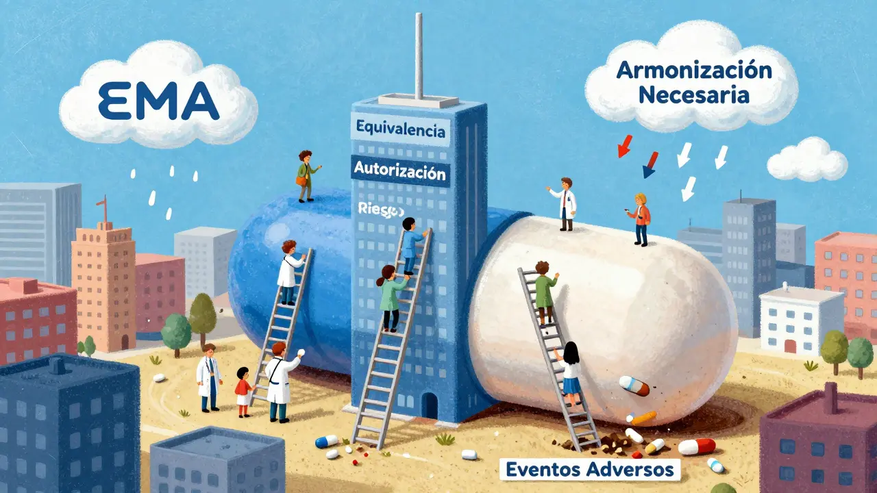 Una píldora combinada como rascacielos con profesionales escalando caminos de riesgo y equivalencia, bajo una nube de la EMA.