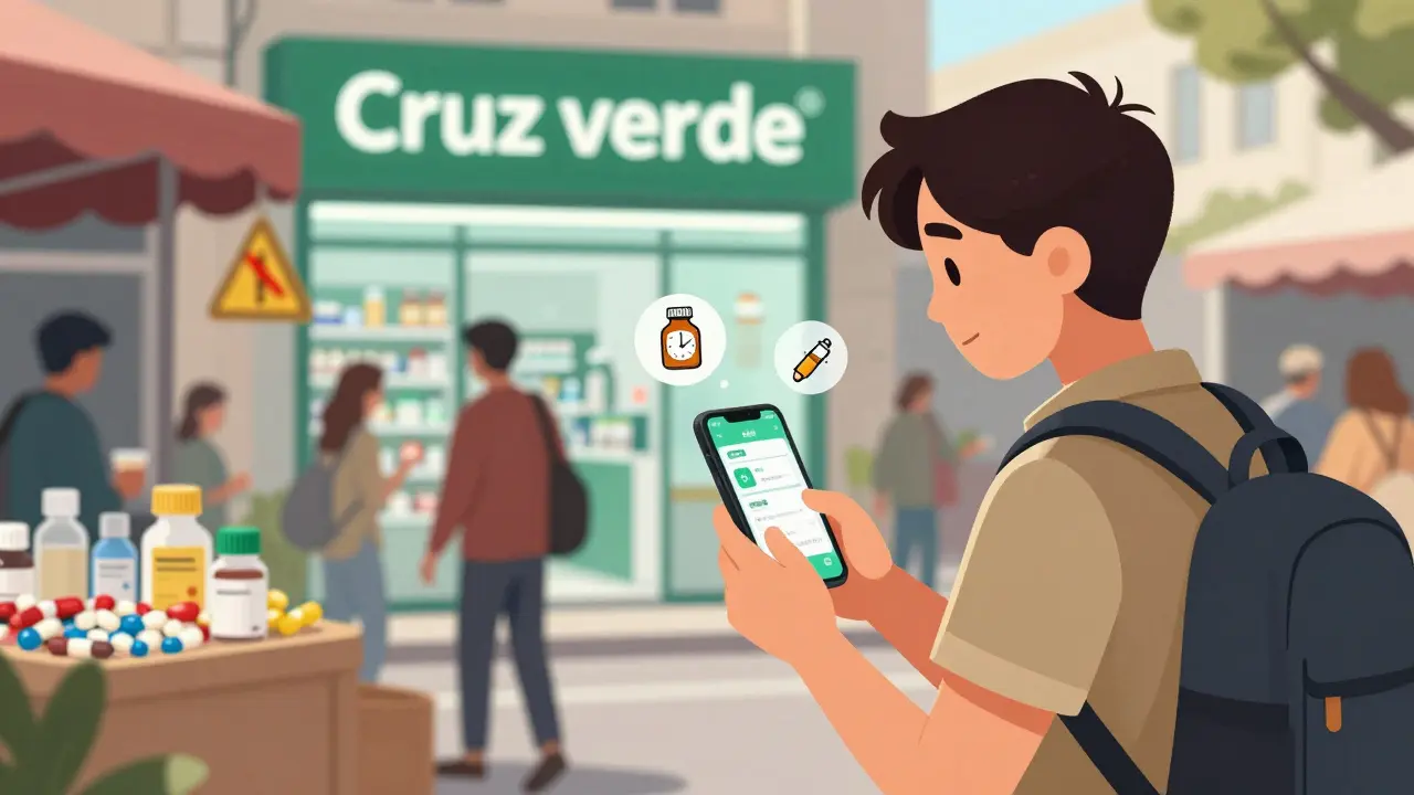 Viajero escanea medicamento con app mientras farmacia segura brilla en la distancia.