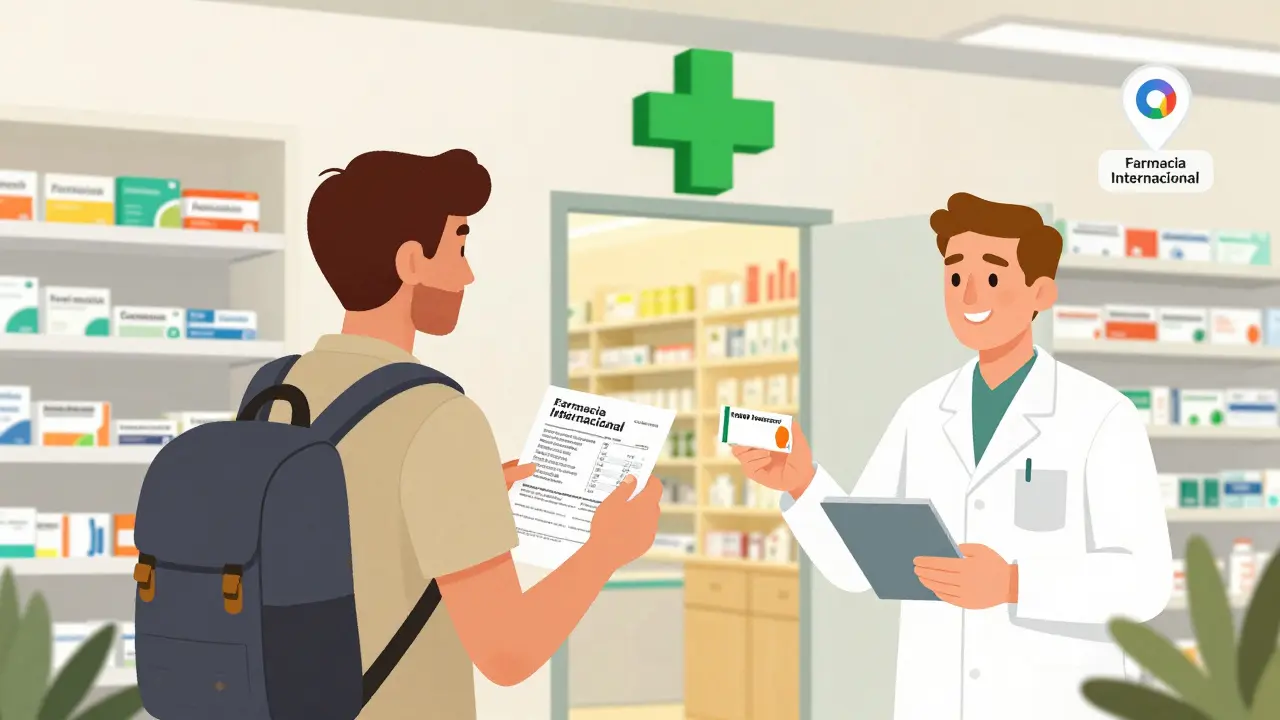 Viajero recibe medicamentos en farmacia europea con cruz verde y etiqueta traducida.