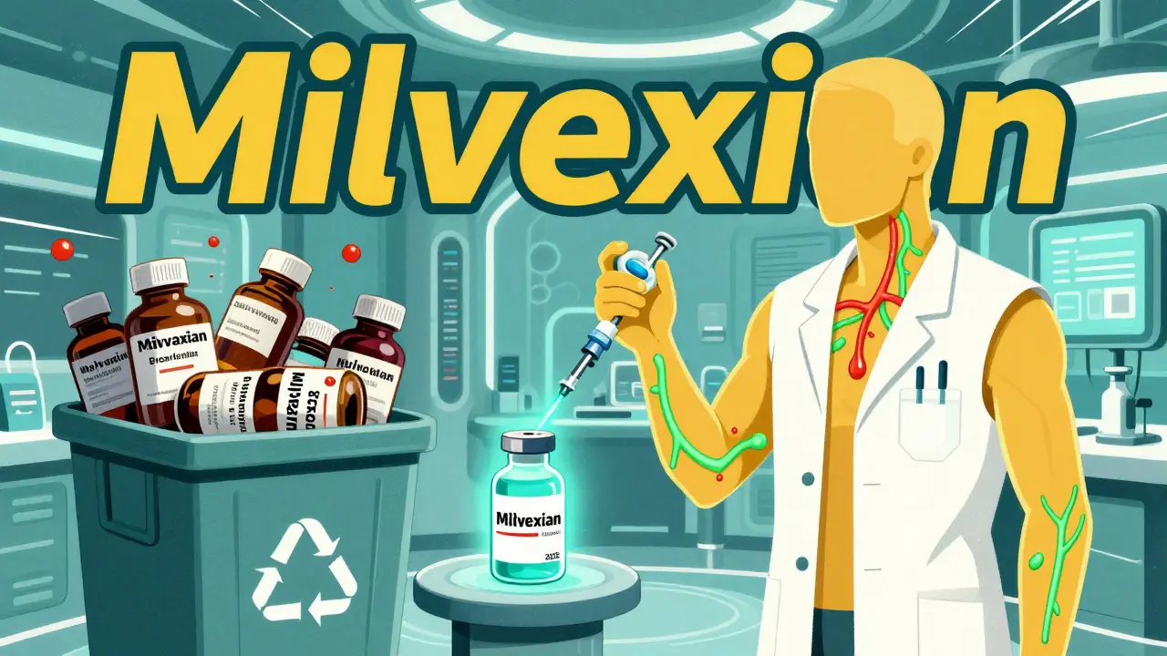 Científico introduce un nuevo anticoagulante futurista mientras se desechan los medicamentos antiguos.