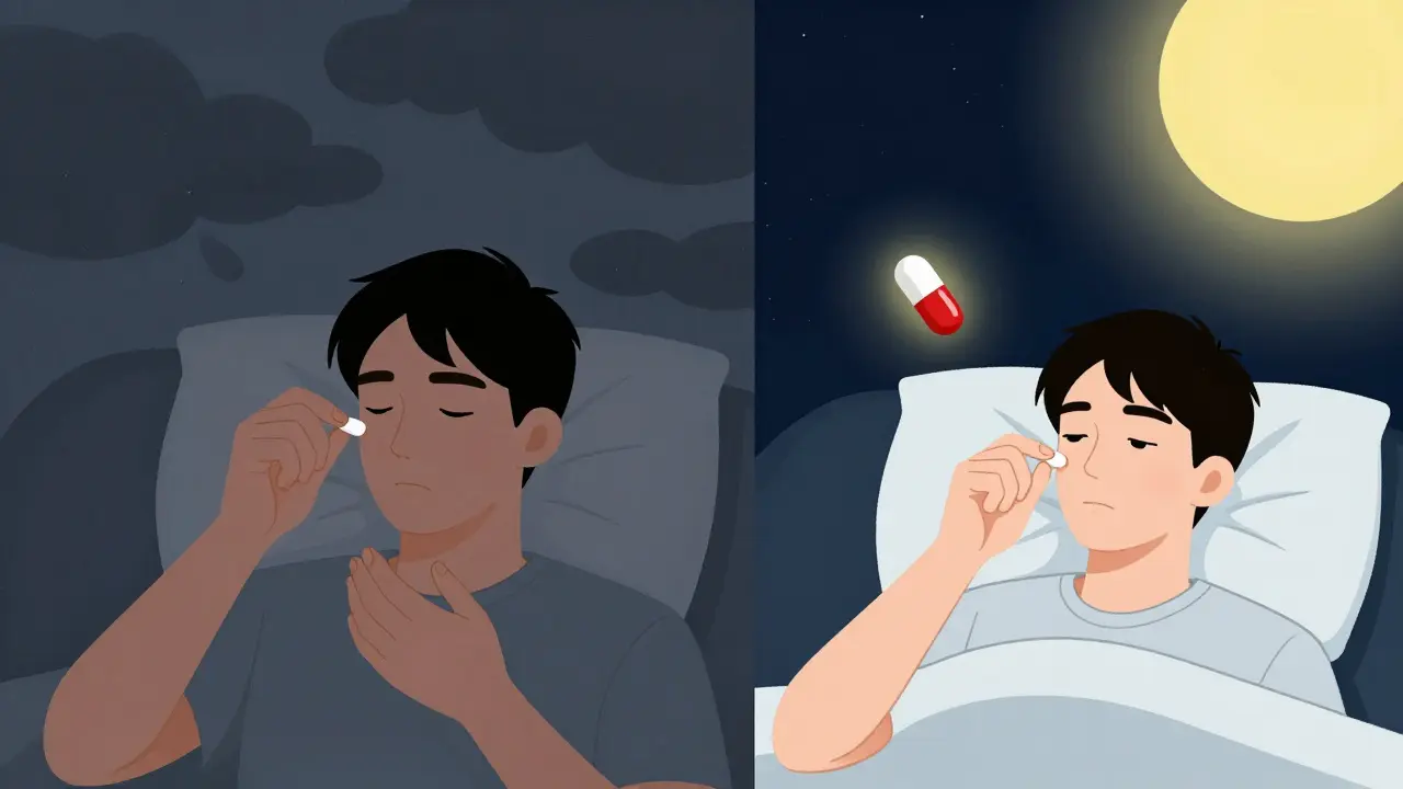Comparación visual de tomar corticoides por la noche vs. mañana, con efectos opuestos en el sueño.