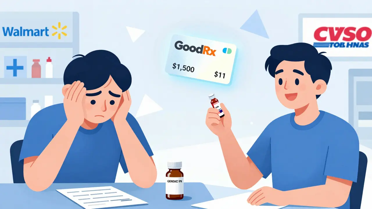 Comparación visual entre un medicamento de marca caro y uno genérico económico, con una tarjeta de descuento flotante.