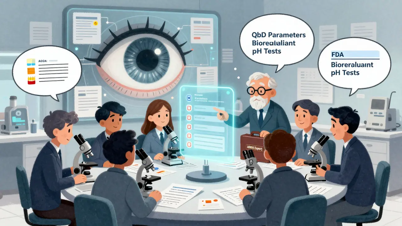 Equipo en laboratorio con consultor mostrando una lista de verificación holográfica de la FDA.