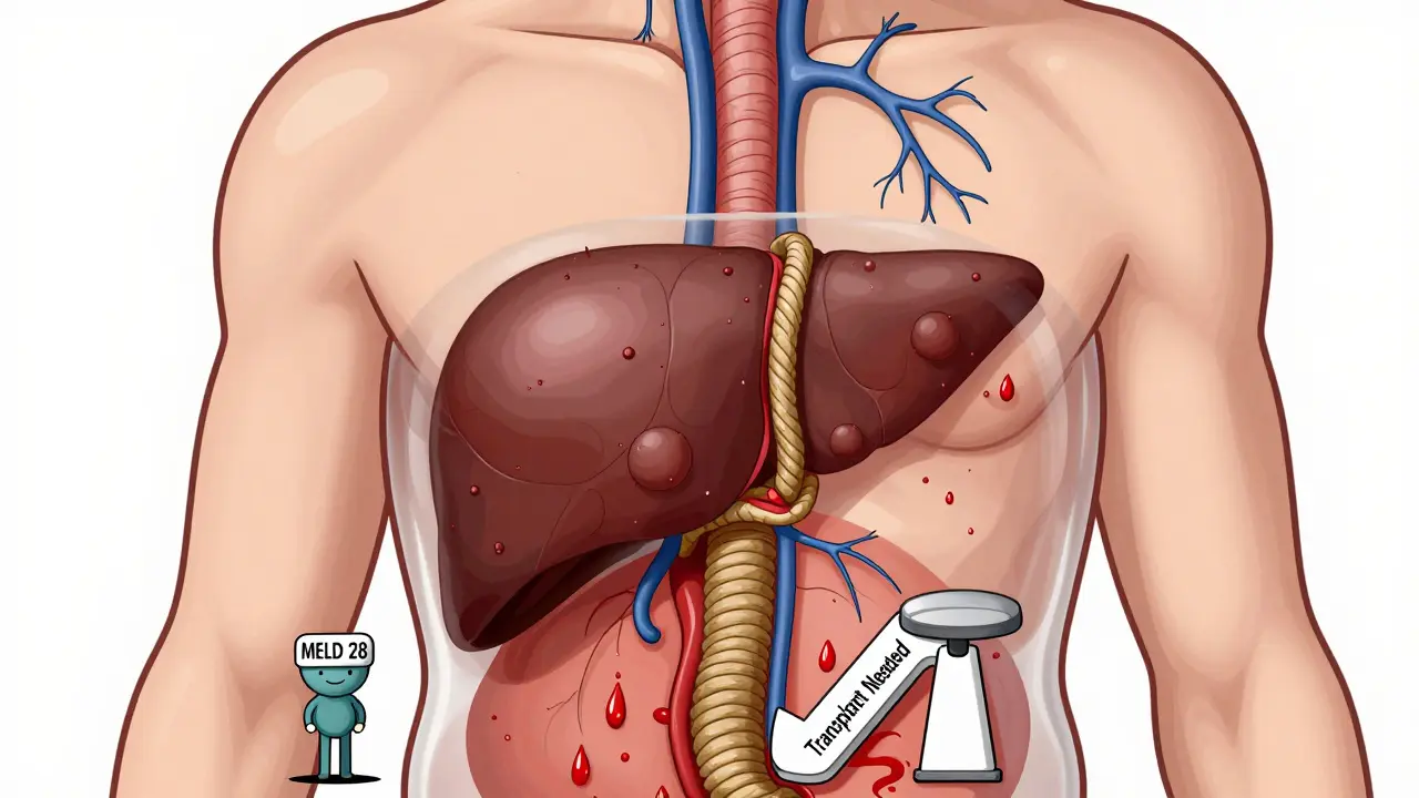 Hígado endurecido comprimiendo vasos sanguíneos con signos de ascitis y varices.
