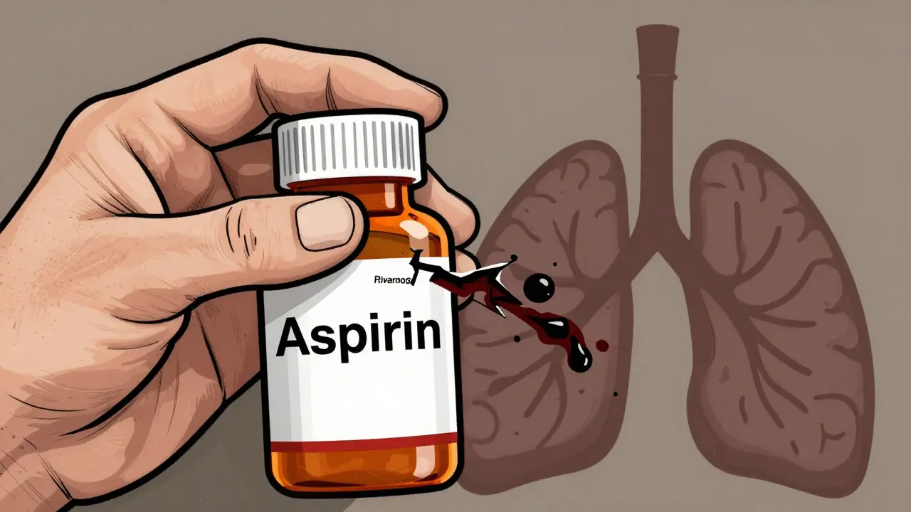 Mano sosteniendo dos botellas de medicamentos con sangre filtrándose, representando el riesgo de sangrado interno.