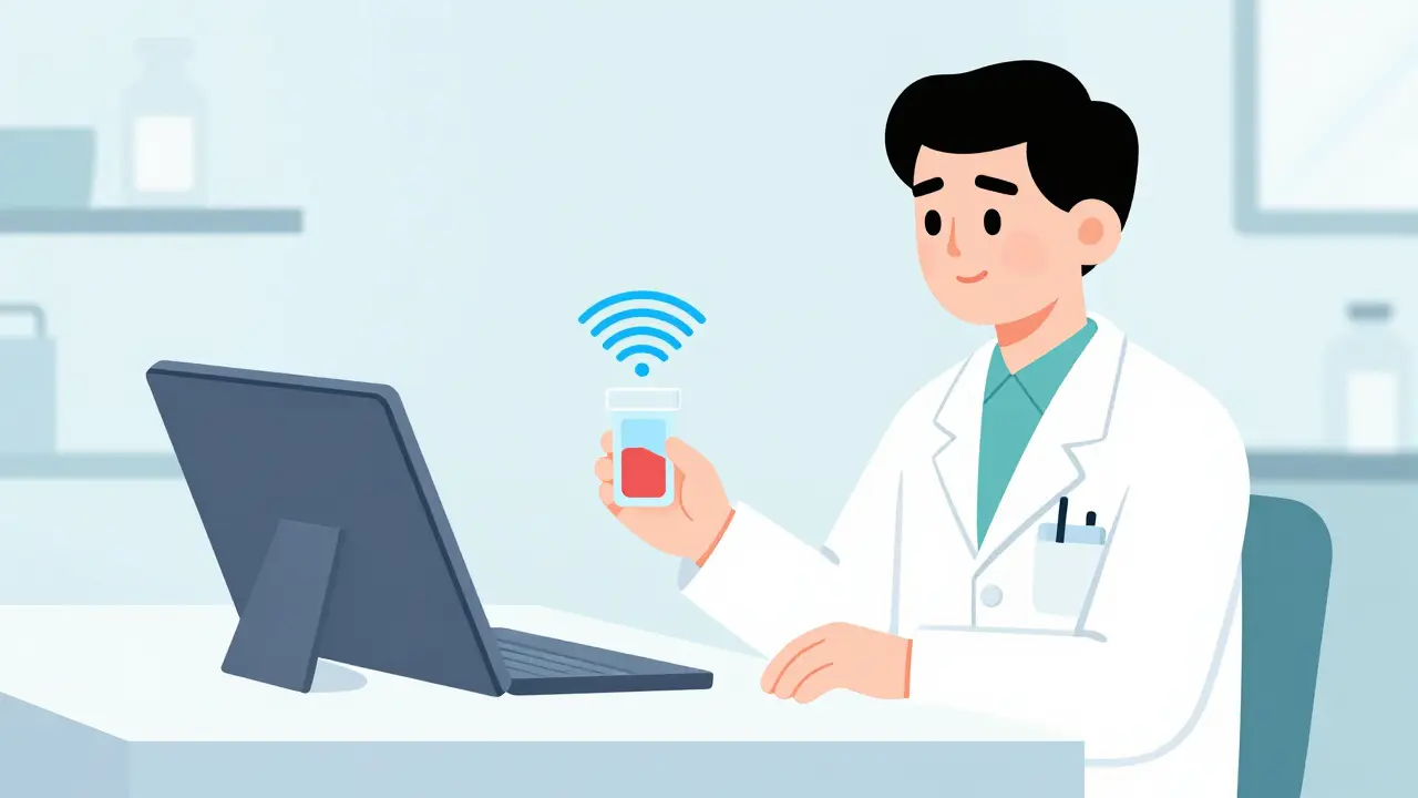 Médico recibe señal de dispensador inteligente en tablet