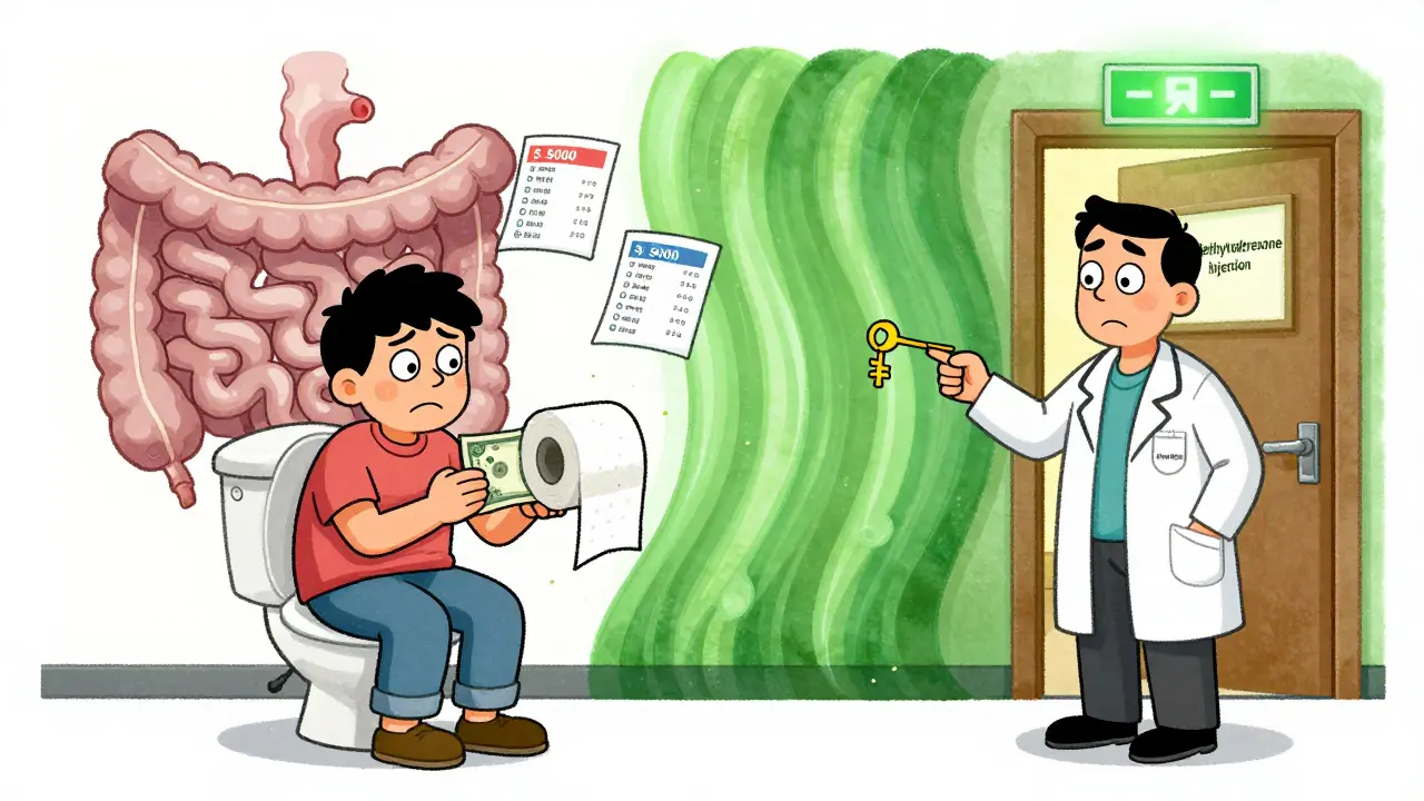 Paciente frustrado con un bill de ,000 en forma de papel higiénico, mientras un médico le ofrece una alternativa con inyección.