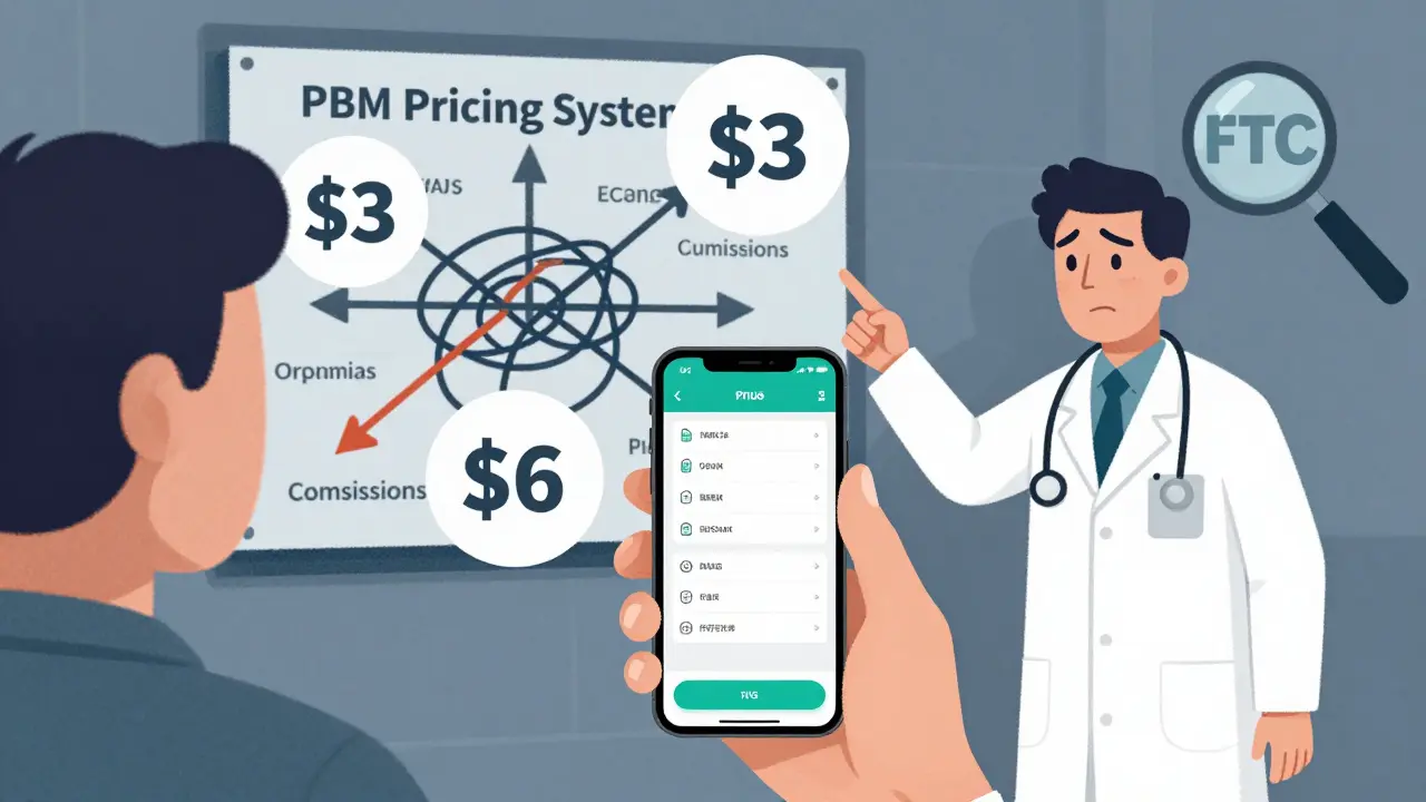 Persona comparando precios de medicamentos en una app, con burbujas de precio y una farmacia confusa al fondo.