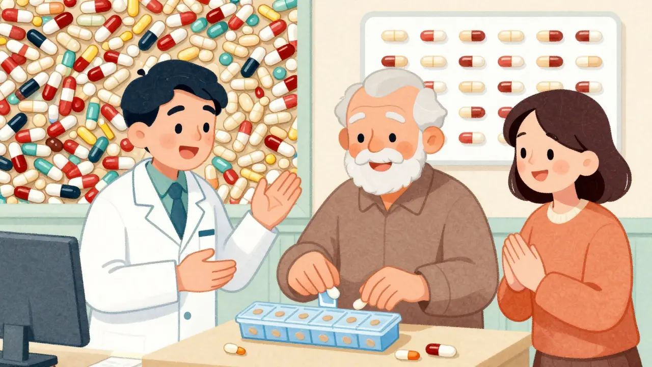 Persona mayor coloca una sola pastilla en organizador, con apoyo de farmacéutico y familiar.