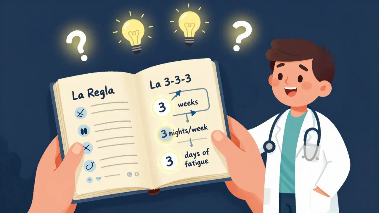 Persona registrando su sueño con un diario mientras un médico explica la regla 3-3-3.