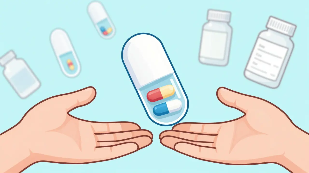 Píldora combinada con componentes visibles dentro, reemplazando múltiples pastillas.