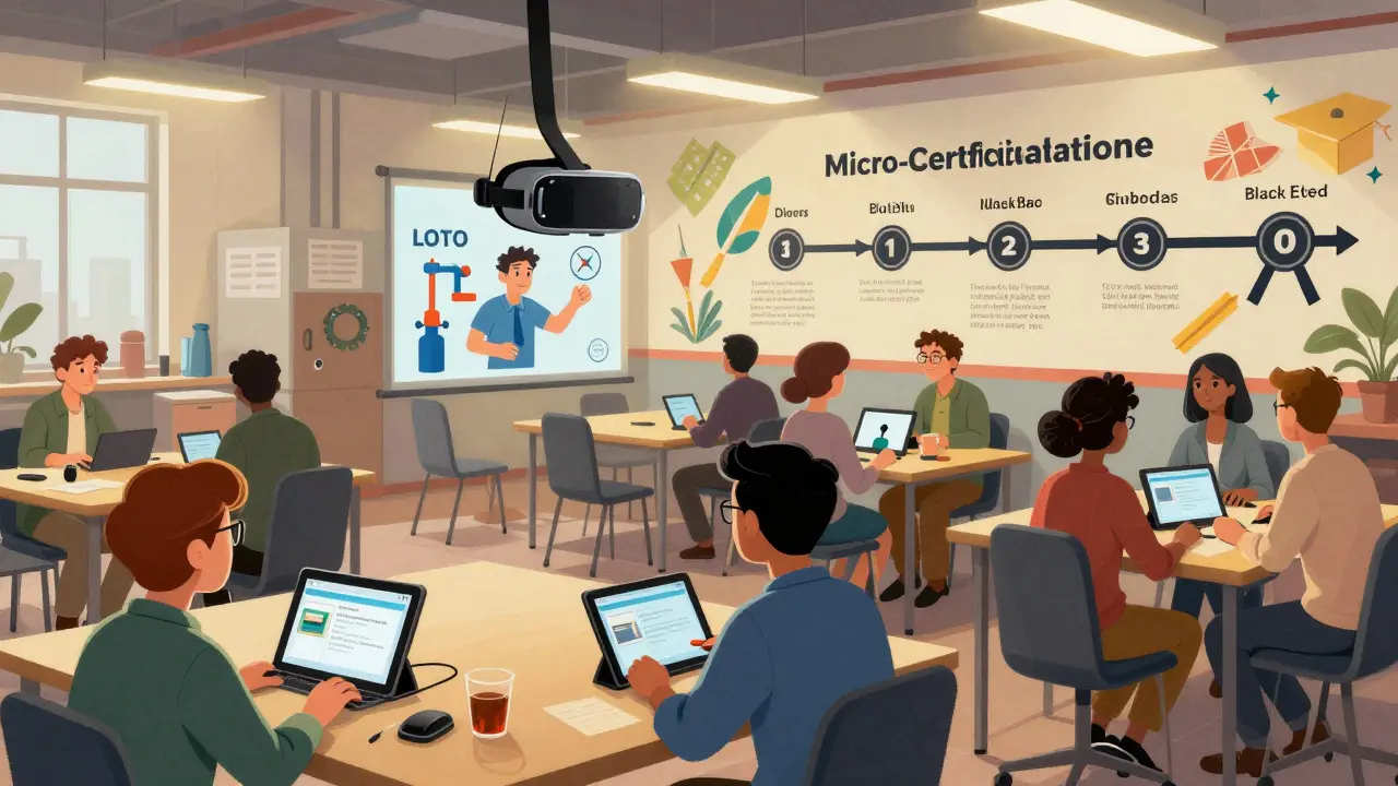 Piso de fábrica convertido en centro de aprendizaje con módulos de certificación y realidad virtual.