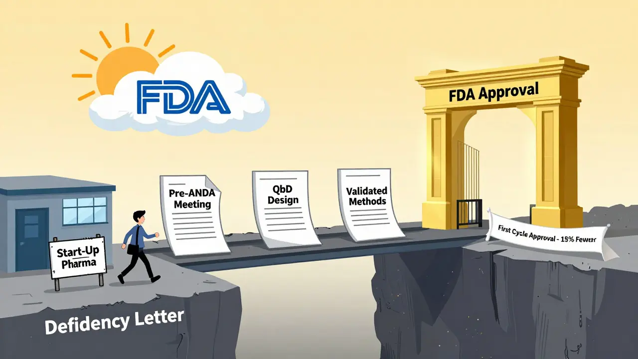 Puente de documentos que lleva a una puerta de aprobación de la FDA, con sol saliendo detrás.