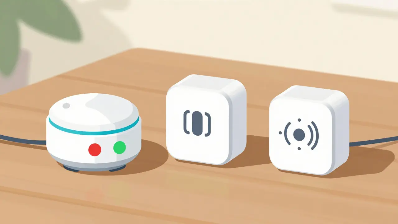 Tres dispensadores inteligentes con luces, sensor de peso y alarma en mesa