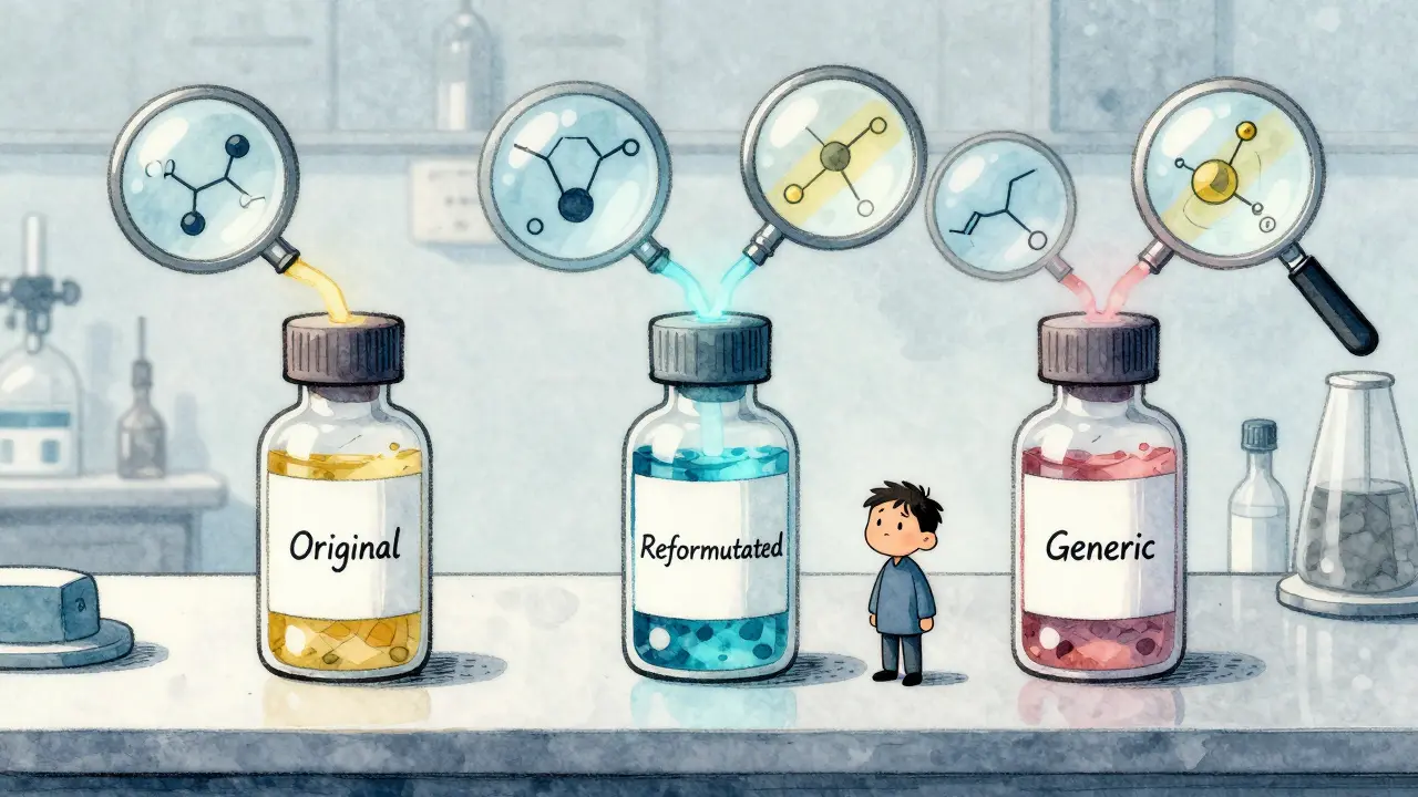 Tres formas de un medicamento en un laboratorio, cada una con un patrón de liberación diferente, mientras un paciente observa confundido.