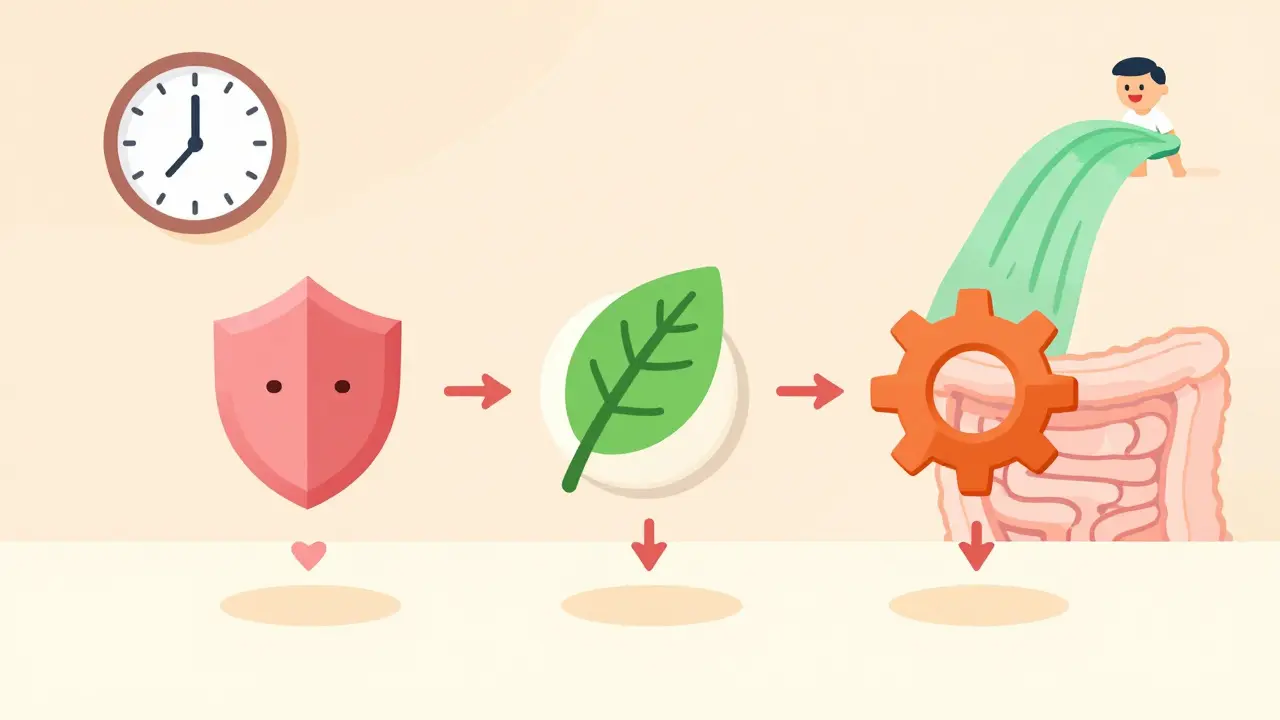 Tres pastillas orales de PAMORA en un entorno matutino, con flechas que muestran su absorción y un reloj marcando 7 a.m.