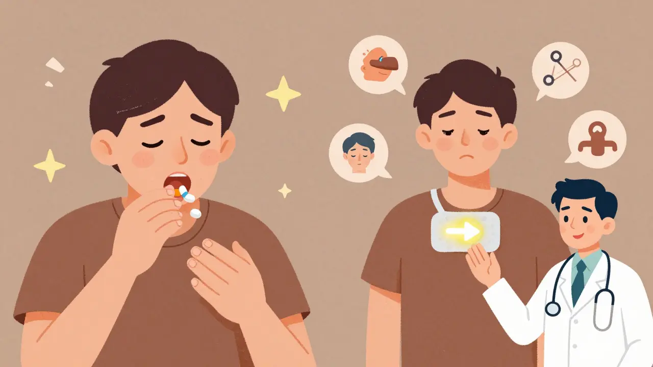 Un paciente usa un parche en la piel en lugar de tragar pastillas, simbolizando un tratamiento más fácil y efectivo.