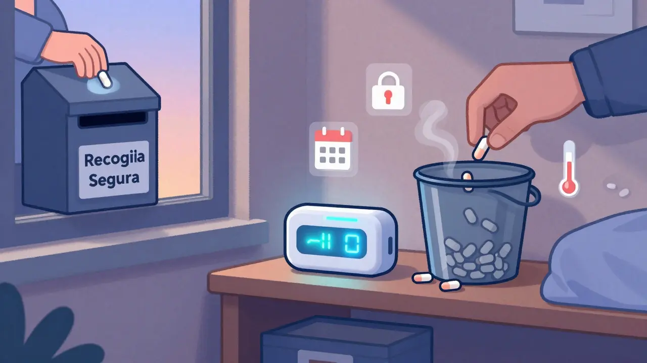Una caja inteligente de medicamentos monitorea la temperatura mientras alguien deposita pastillas vencidas en una farmacia, en un entorno sereno de atardecer.