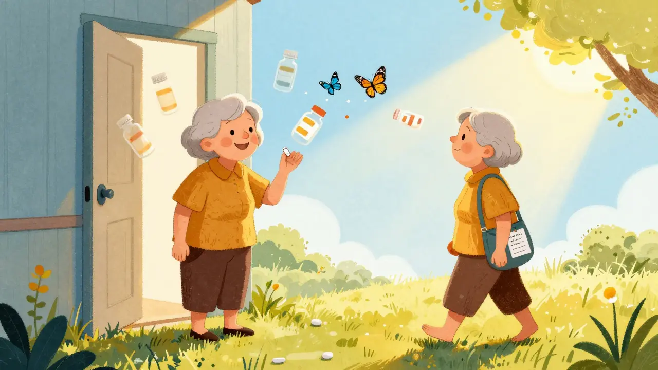 Una mujer mayor sostiene una sola pastilla mientras cinco medicamentos innecesarios se convierten en mariposas.