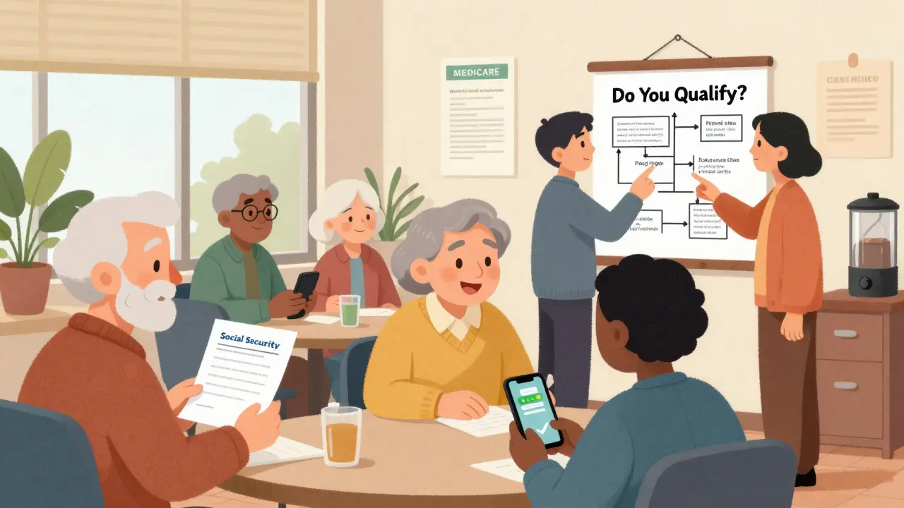 Varios adultos mayores en un centro comunitario reciben información sobre el programa Extra Help.