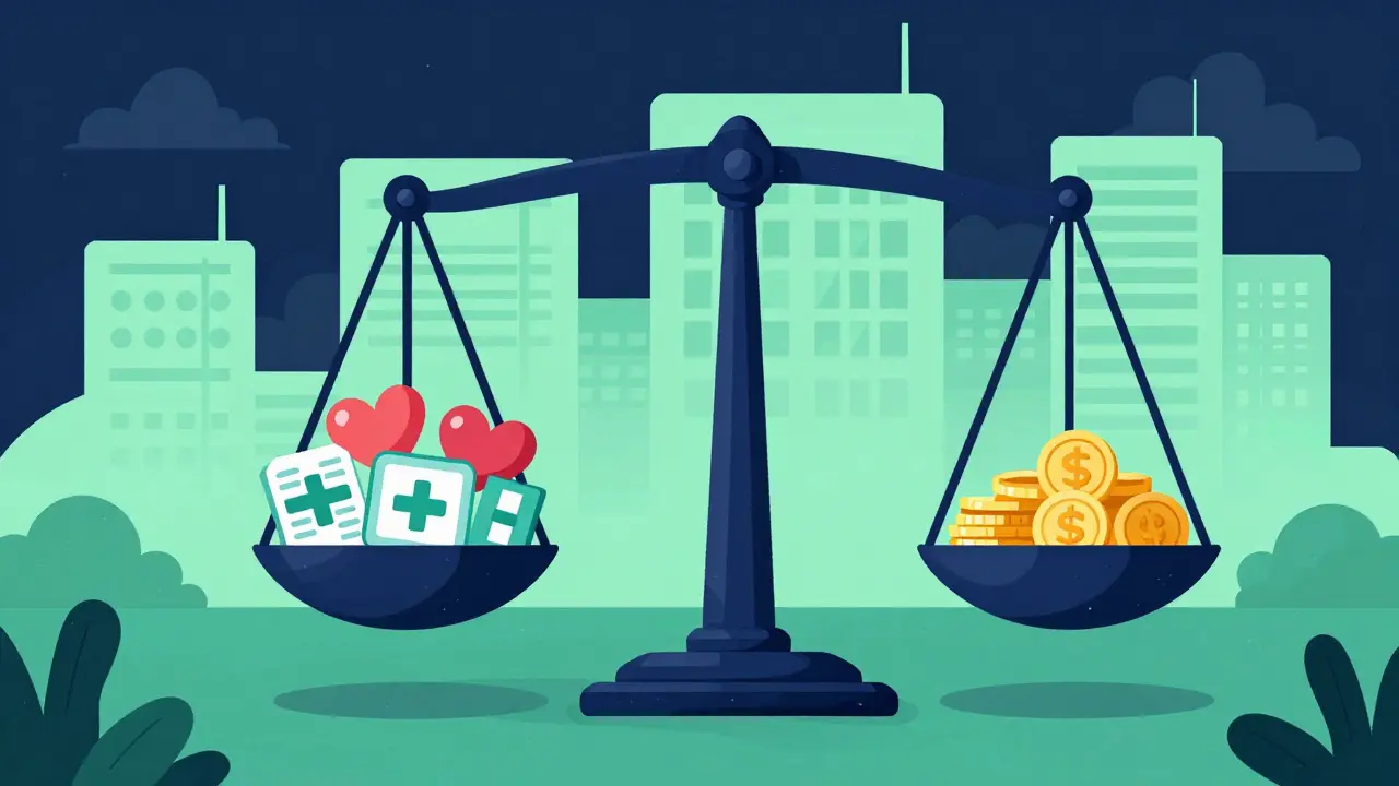 Balanza equilibrada con símbolos médicos y monedas económicas