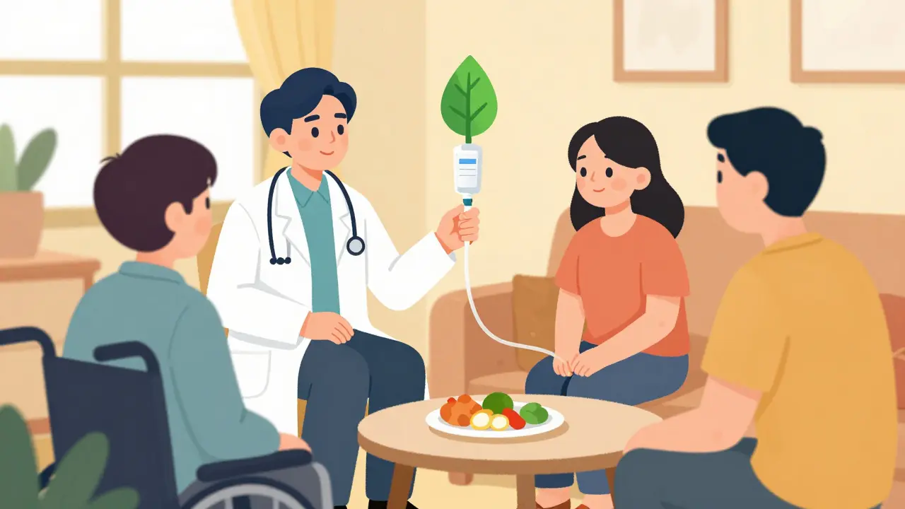 Consulta médica sobre nutrición y sonda gástrica en entorno cálido.