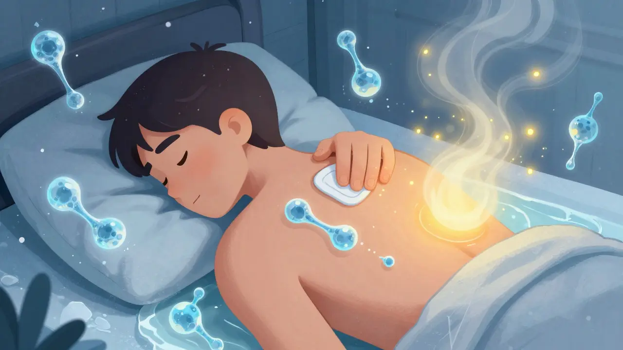 En invierno, una persona aplica gel en la espalda bajo una manta, con vapor cálido mejorando la absorción del medicamento.