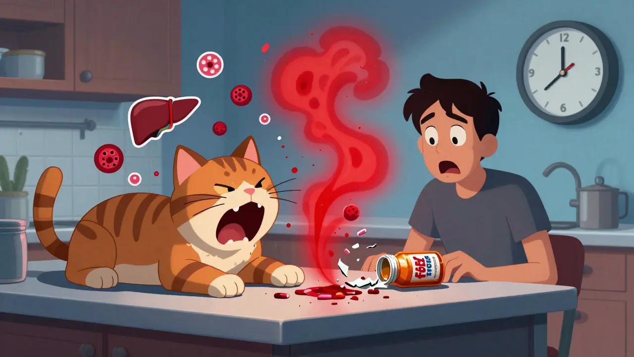 Gato con encías marrones y botella de Tylenol rota cerca, en una cocina.