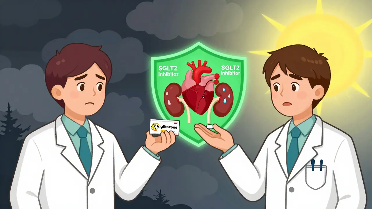 Médico compara dos pastillas: una con advertencias rojas y otra con escudos verdes de protección cardíaca.