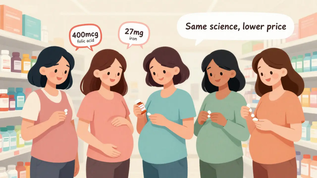 Mujeres embarazadas eligen vitaminas prenatales genéricas en una farmacia, con etiquetas que muestran los nutrientes esenciales y una frase amigable flotando.
