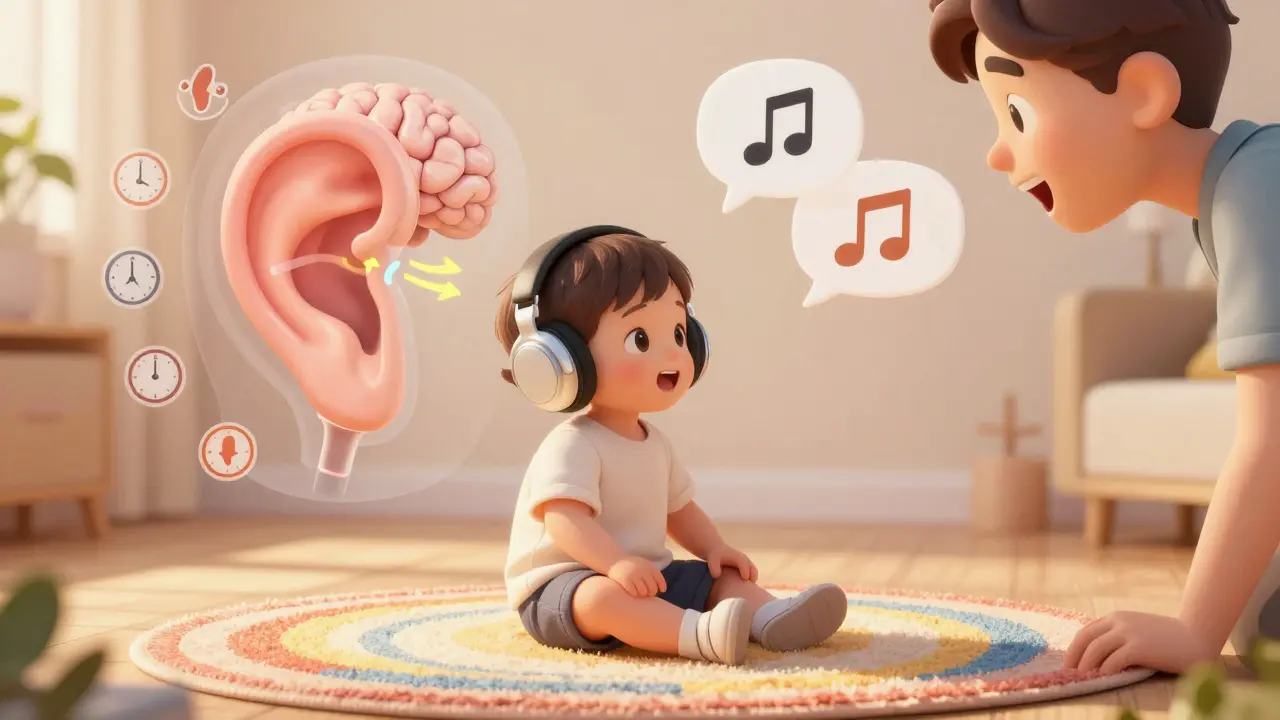 Niño usando audífonos mientras recibe señales de lenguaje de sus padres.