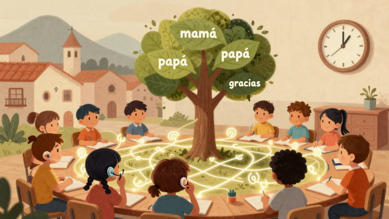 Niños con dispositivos auditivos conectados a un árbol de lenguaje en un entorno escolar español.