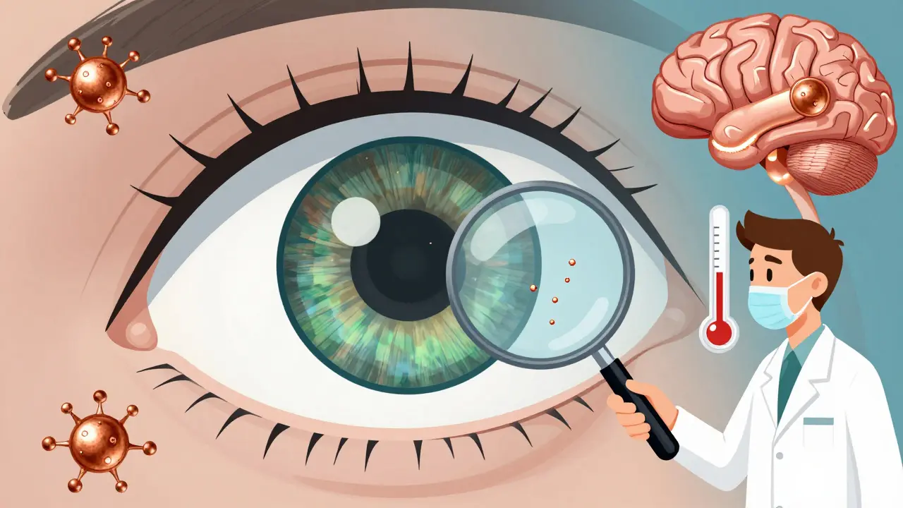 Ojo con anillo de Kayser-Fleischer visible, rodeado de átomos de cobre y un cerebro afectado.