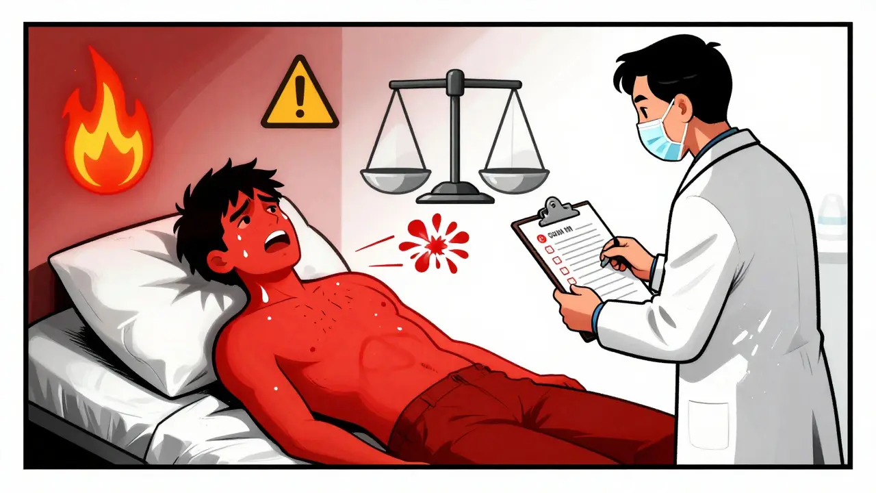 Paciente con sobrecarga de serotonina, síntomas graves representados como símbolos de peligro y un médico con lista de advertencias.