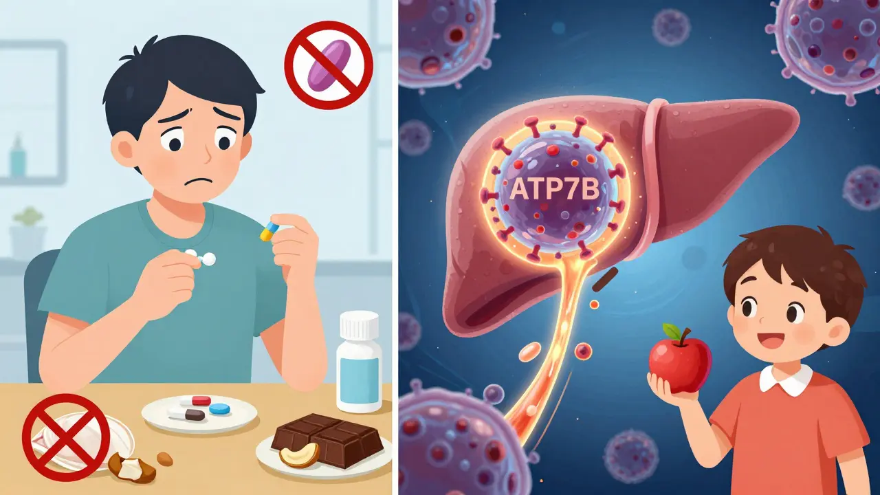 Paciente tomando medicamentos vs. terapia génica reparando el hígado con una bomba ATP7B funcional.