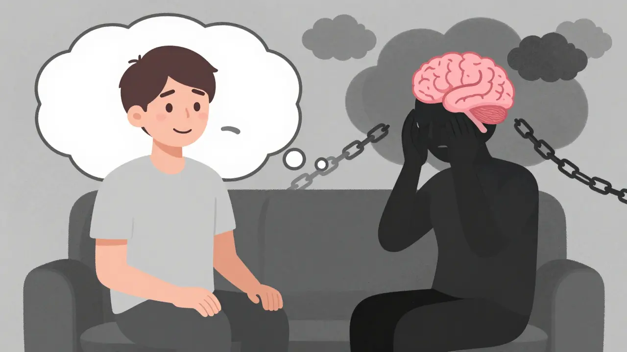 Persona con pensamiento dividido entre mejoría emocional y efectos secundarios persistentes como disfunción sexual y aumento de peso.