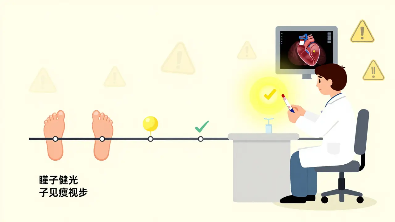 Secuencia de vigilancia médica: peso, orina y ecocardiograma, con símbolos de alerta desapareciendo.