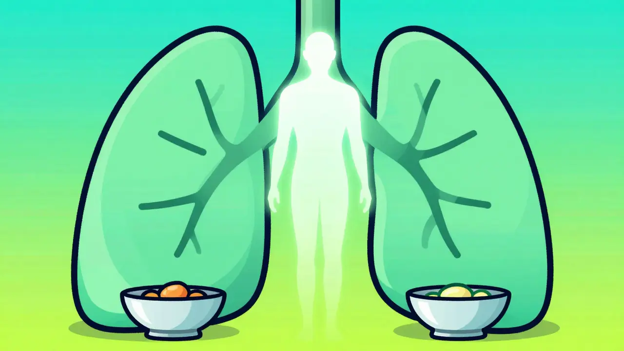 Símbolos de pulmones y alimentos sosteniendo una silueta humana sana.
