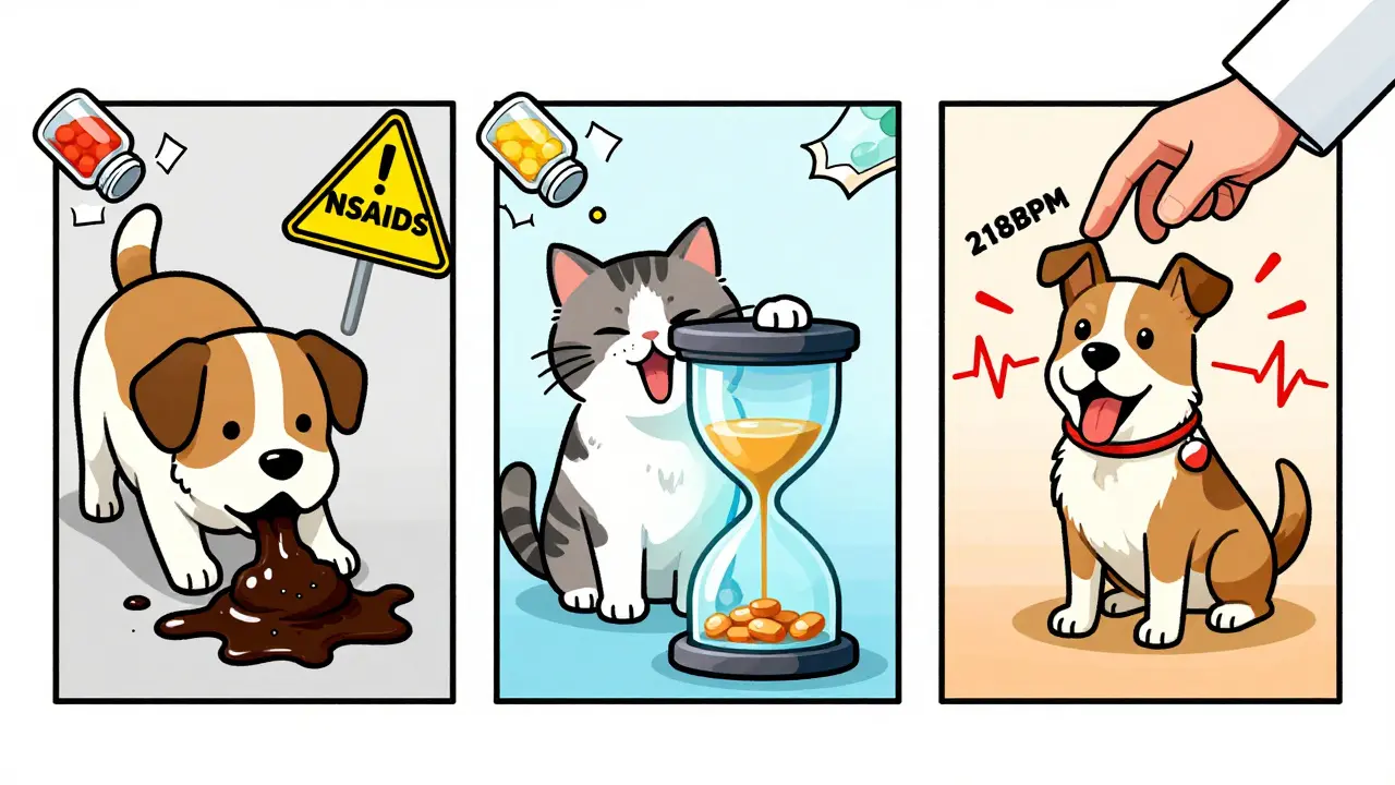 Tres escenas de intoxicación en mascotas con reloj de arena mostrando la ventana crítica de 2 horas.