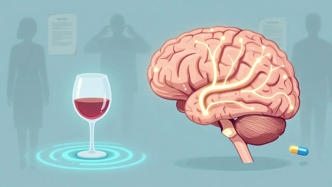 Un cerebro con vías de serotonina iluminadas por la interacción de metronidazol y alcohol.