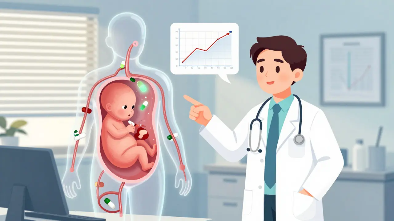 Un cuerpo humano transparente muestra cómo los medicamentos genéricos y de marca se absorben igualmente durante el embarazo, con gráficos de salud alineados.