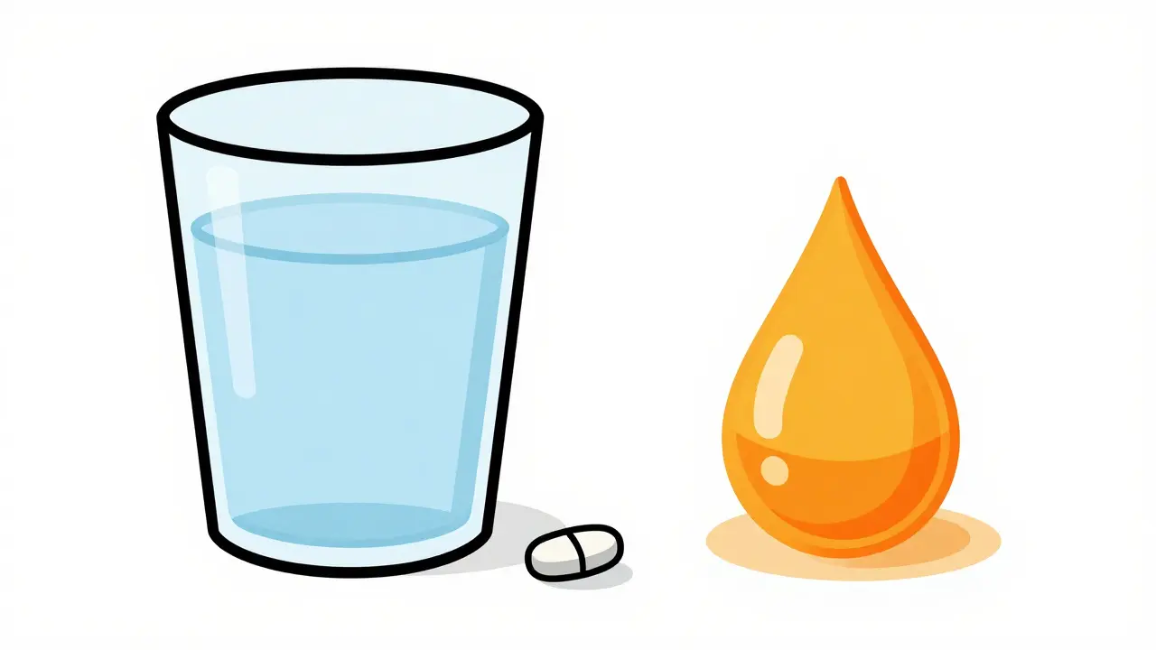 Composición estilizada de una pastilla y una gota de color naranja brillante.