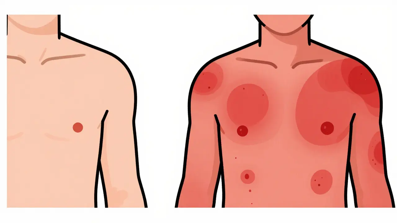 Dibujo comparativo de una erupción cutánea leve frente a una reacción grave por fármacos.