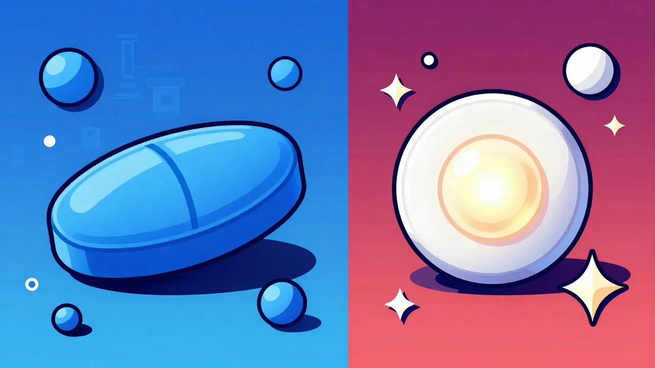 Dos pastillas de diferentes colores y formas con el mismo núcleo activo en estilo retro.