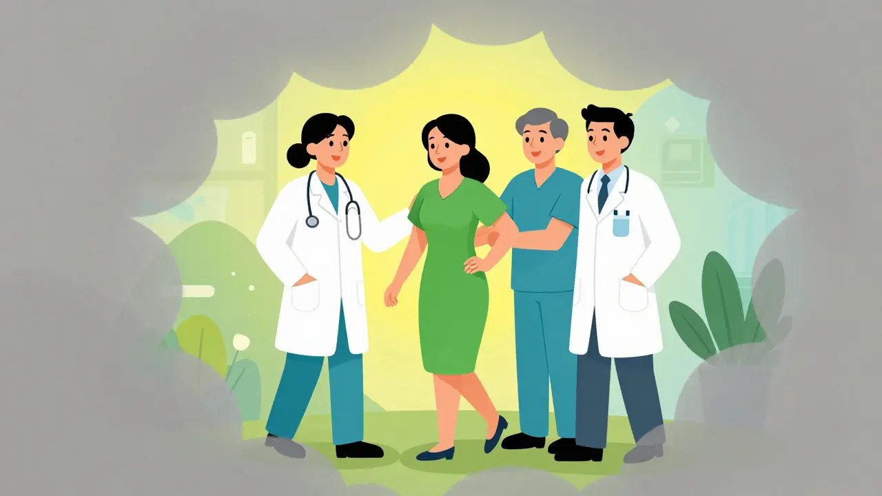 Equipo médico multidisciplinar apoyando a una paciente que recupera su bienestar.